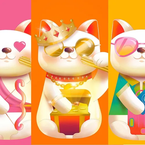 Liz Merino illustration of three colorful maneki-neko lucky cats