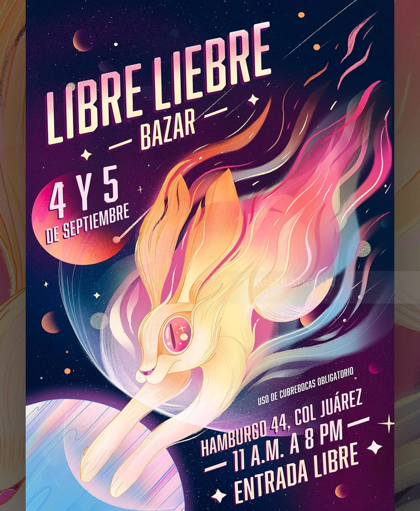 Liz Merino poster showing a cosmic fox-hare creature trailing stardust