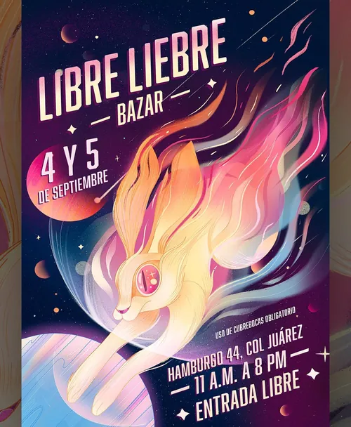 Liz Merino poster showing a cosmic fox-hare creature trailing stardust