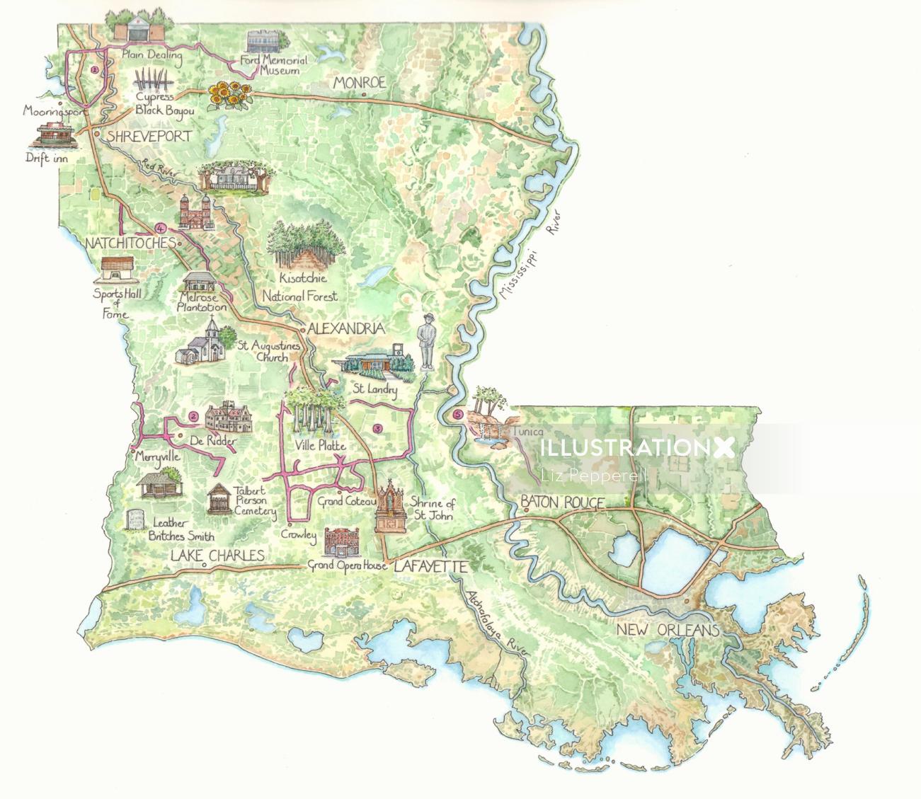 Ilustración de mapa de Louisiana