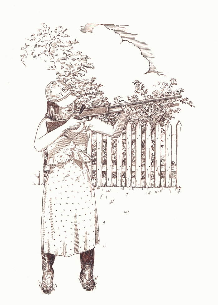 Wood engraving artwork of female shooter