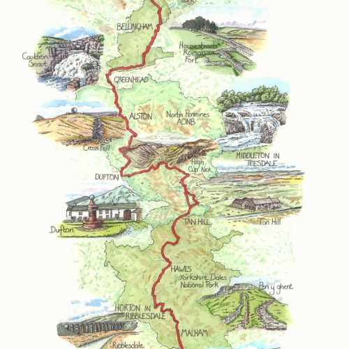Illustrated map of Pennine Way hiking route by Liz Pepperell