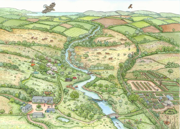 Watercolor painting of a Rewilding Farm