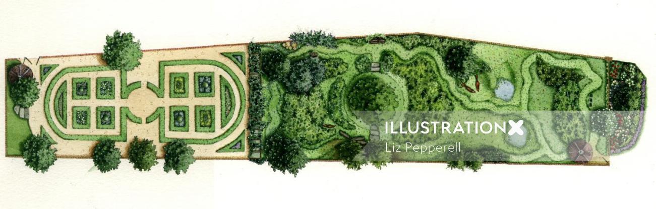 Ilustración del mapa del jardín por Liz Pepperell