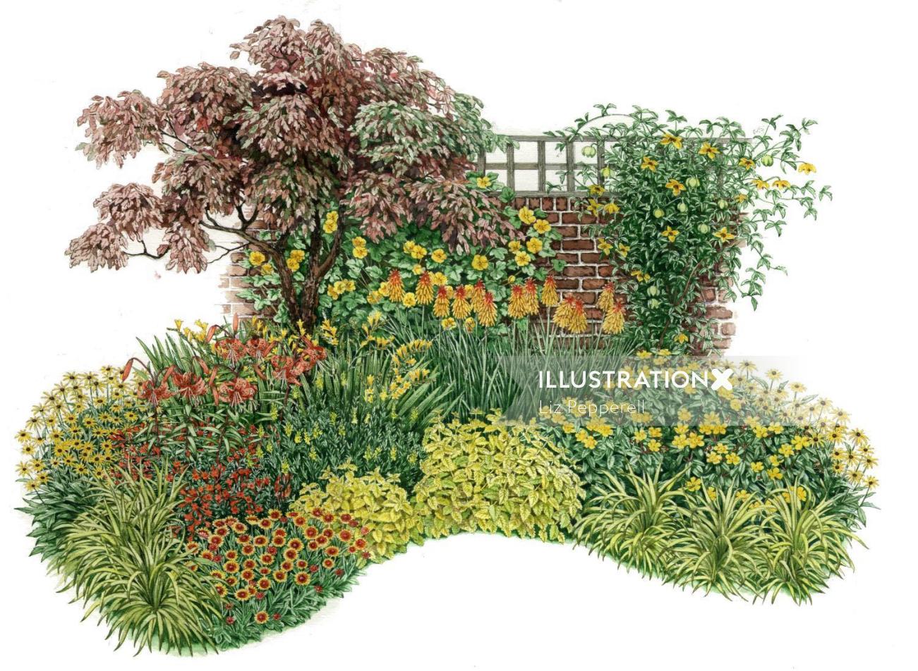 Ilustración colorida de la naturaleza del jardín