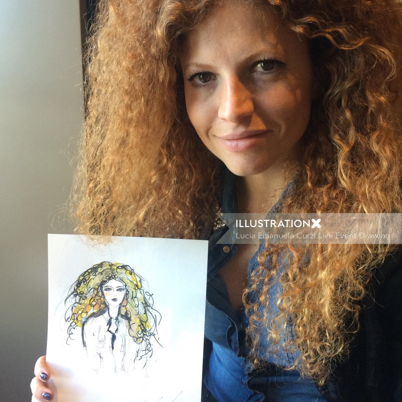 evento ao vivo desenhando mulher com cabelo encaracolado