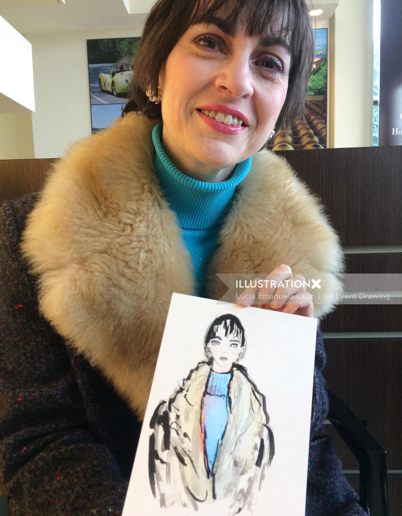 毛皮のコートを持つ女性のライブイベントの描画