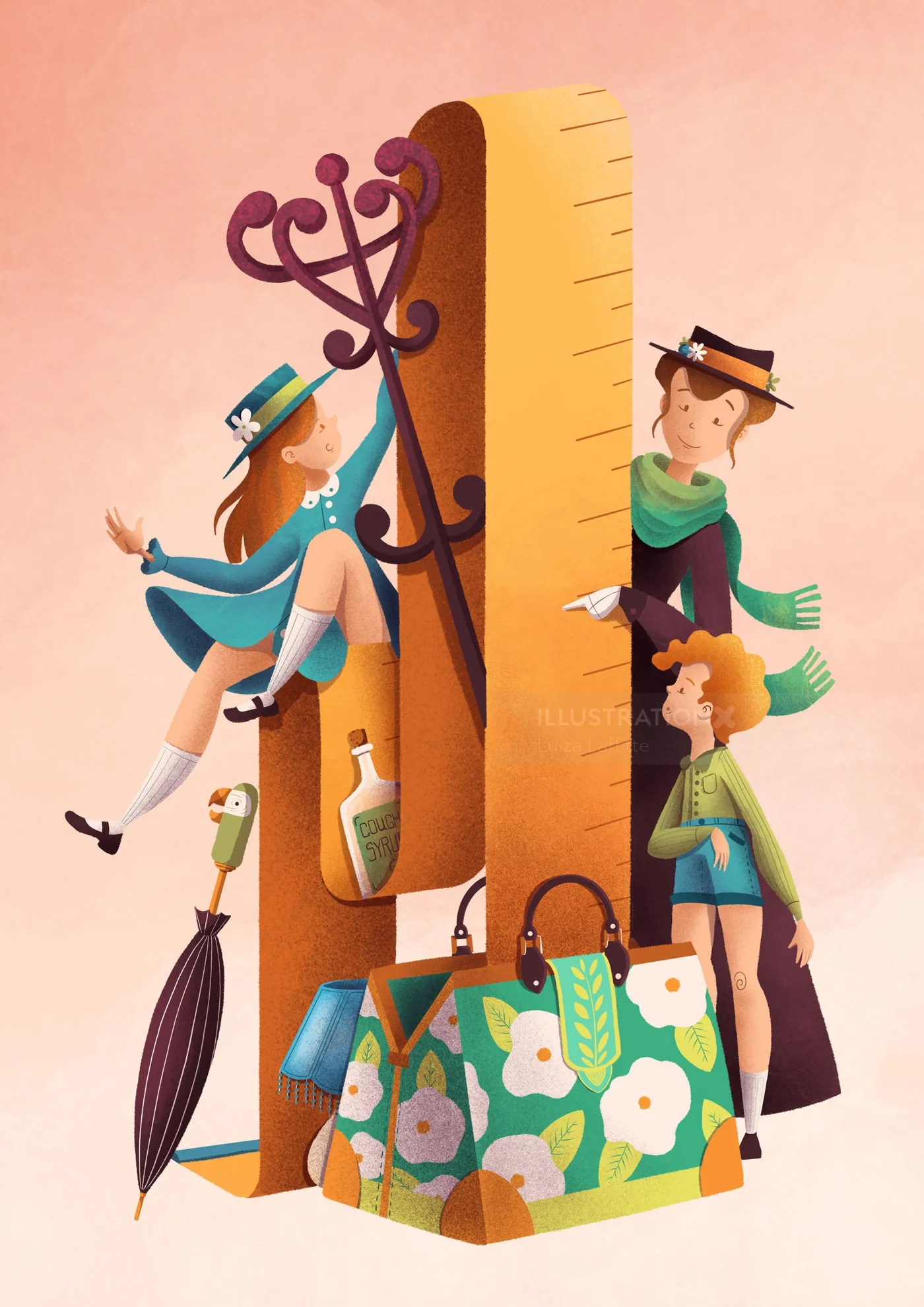 Illustration of Mary Poppins characters with giant book and umbrella by Luiza Laffitte