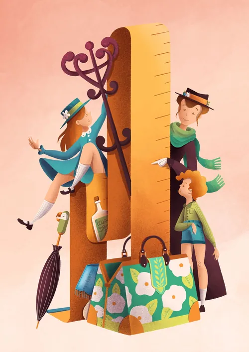 Illustration of Mary Poppins characters with giant book and umbrella by Luiza Laffitte