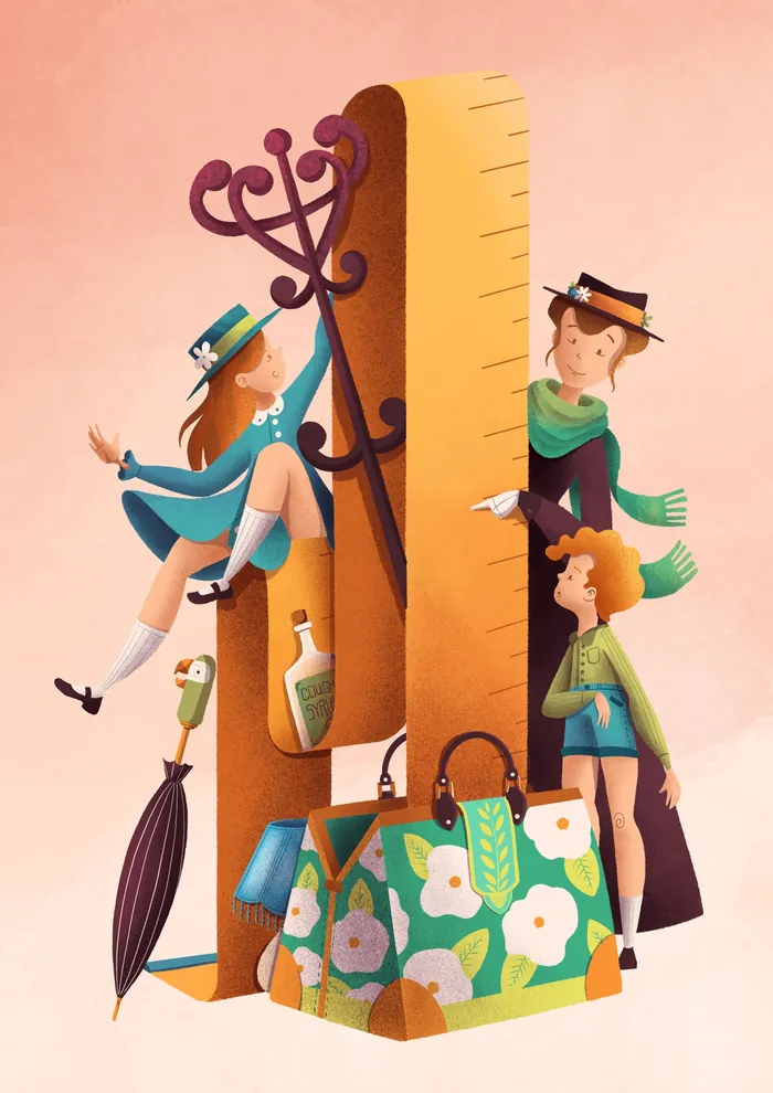 Illustration of Mary Poppins characters with giant book and umbrella by Luiza Laffitte
