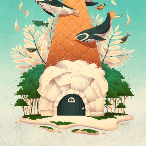 Surreal illustration of a whale and birds around a giant ice cream cone house by Luiza Laffitte