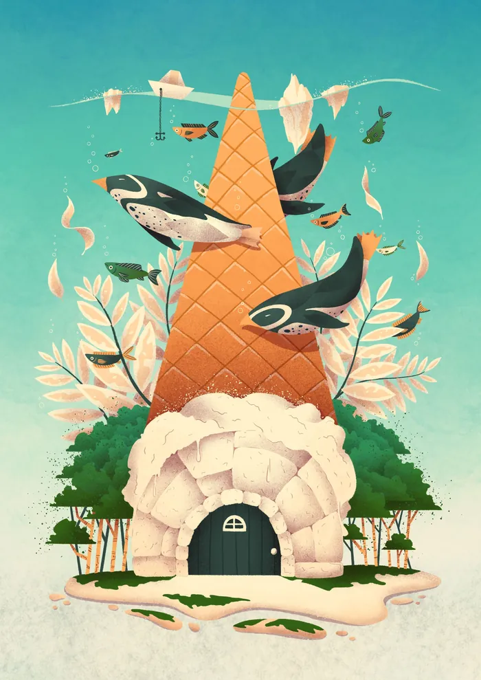 Surreal illustration of a whale and birds around a giant ice cream cone house by Luiza Laffitte