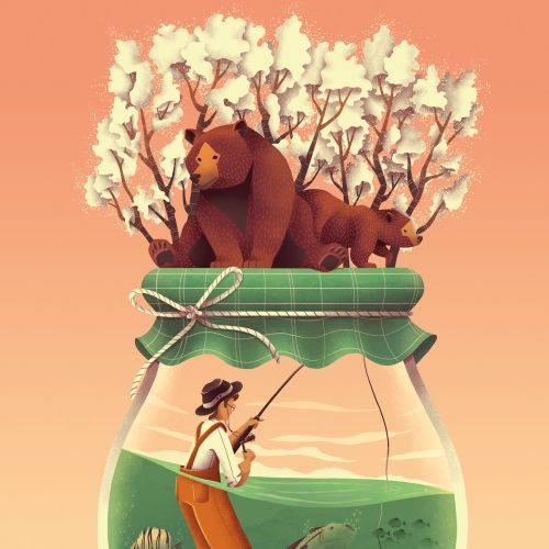 Illustration of man fishing inside jar with bears and trees on lid by Luiza Laffitte