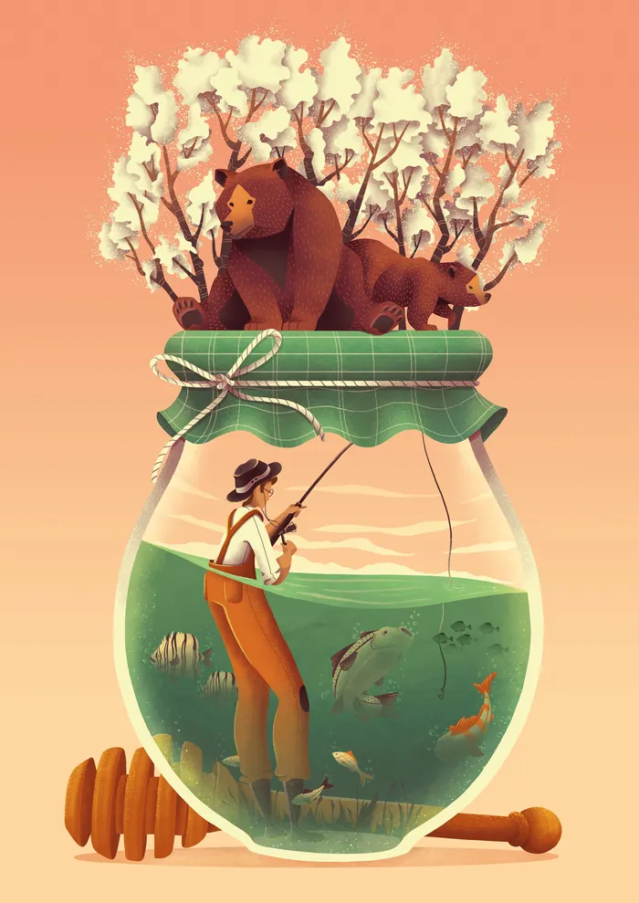 Illustration of man fishing inside jar with bears and trees on lid by Luiza Laffitte