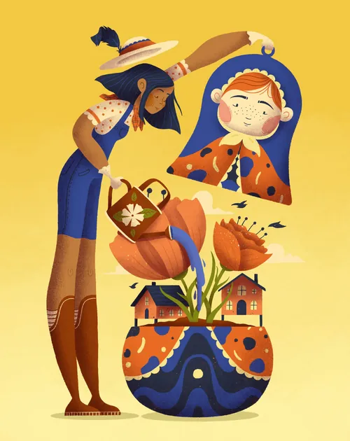 Illustration of a girl with nesting dolls and flowers by Luiza Laffitte