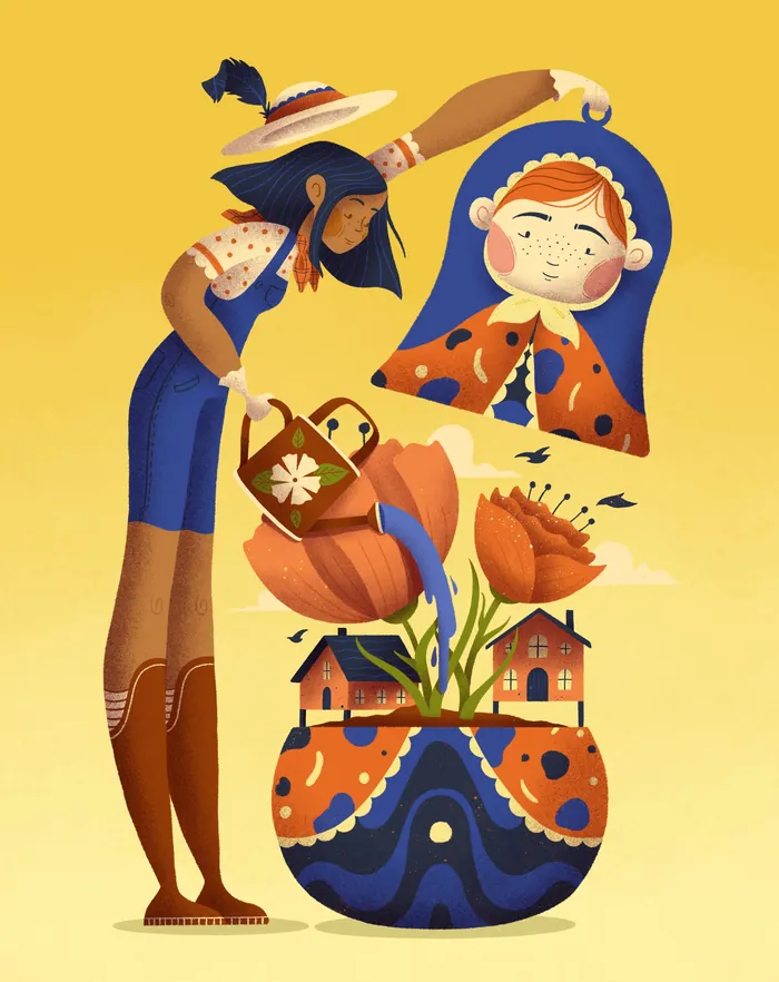 Illustration of a girl with nesting dolls and flowers by Luiza Laffitte