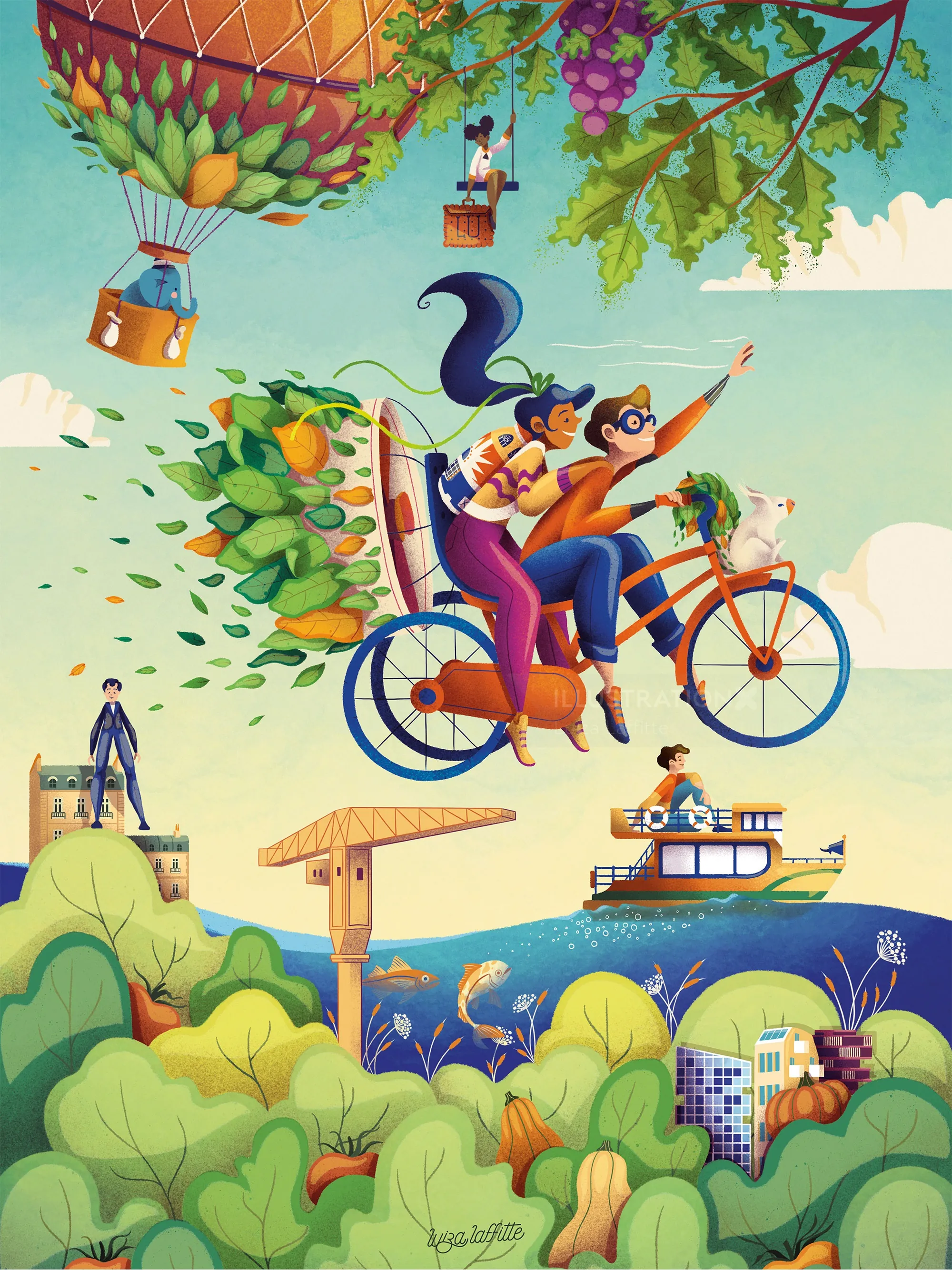 Colorful Nantes cityscape with people flying on a bicycle and river scene by Luiza Laffitte