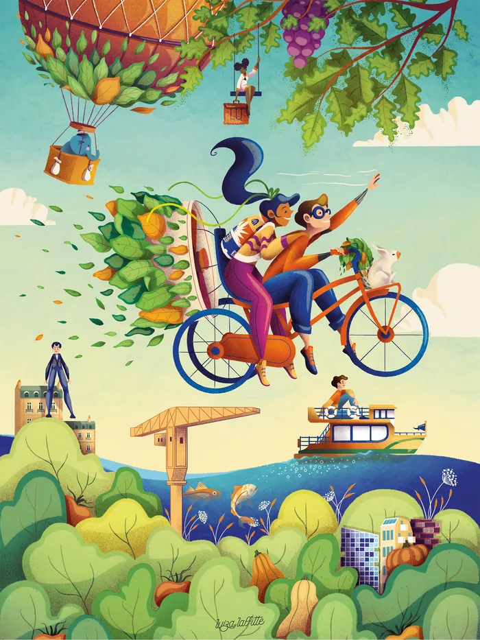 Colorful Nantes cityscape with people flying on a bicycle and river scene by Luiza Laffitte