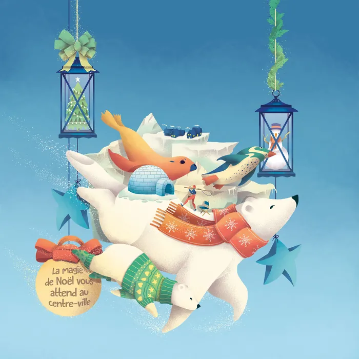 Illustration of polar bear, fish, and bird with Christmas decorations by Luiza Laffitte