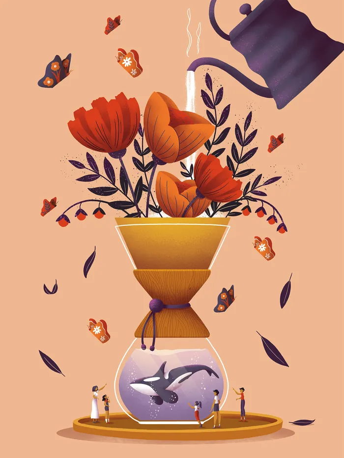 Illustration of large flowers with a purple kettle and small people by Luiza Laffitte