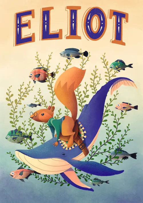 Illustration of a child riding a blue whale surrounded by colorful fish by Luiza Laffitte