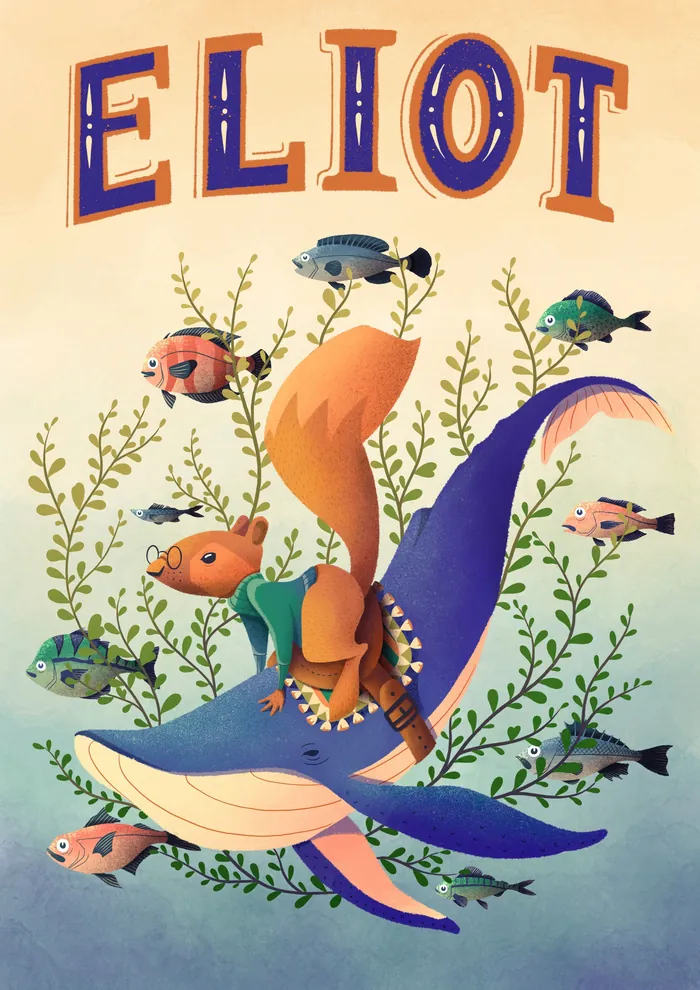 Illustration of a child riding a blue whale surrounded by colorful fish by Luiza Laffitte