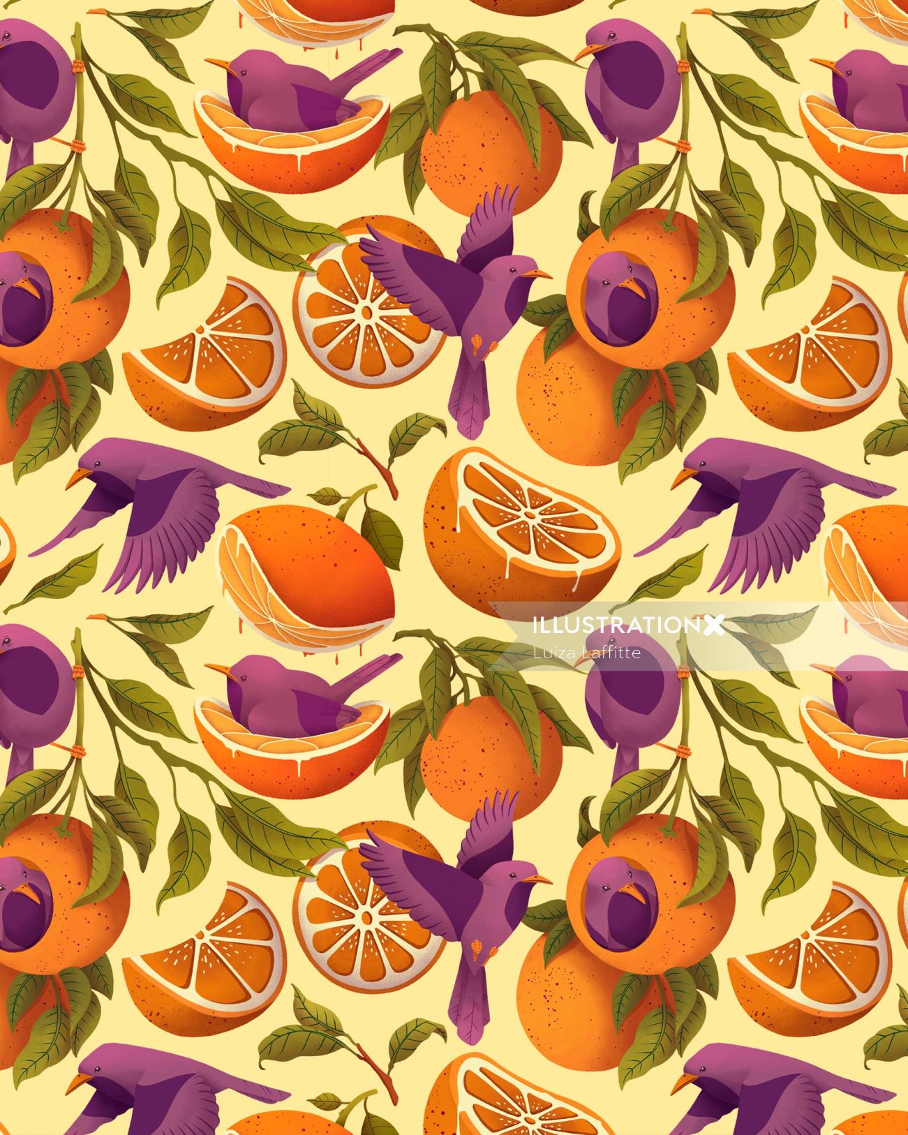 オレンジと鳥のパターン