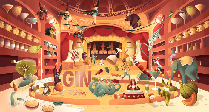 Packaging illustrations for calendars containing 24 taste bottles of Gin