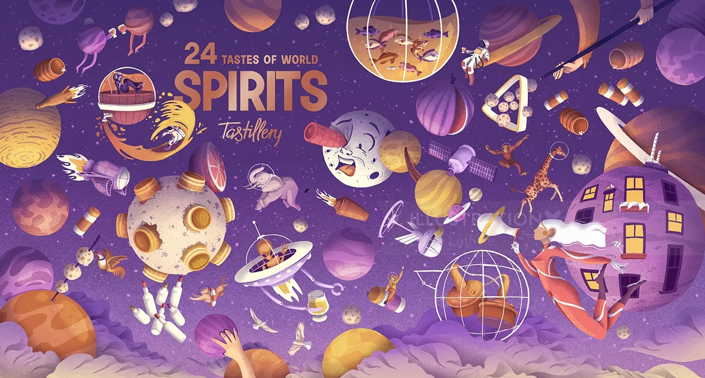 Spirits, drink,sky, universe, animals, spaceship, stars, planets, fun,fruit, drinking, bottles, adve