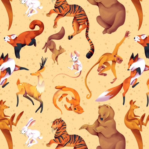tiger, animals, bear, kangourou, rabbit, bunny, mouse, deer, monkey, pattern, fox, squirel