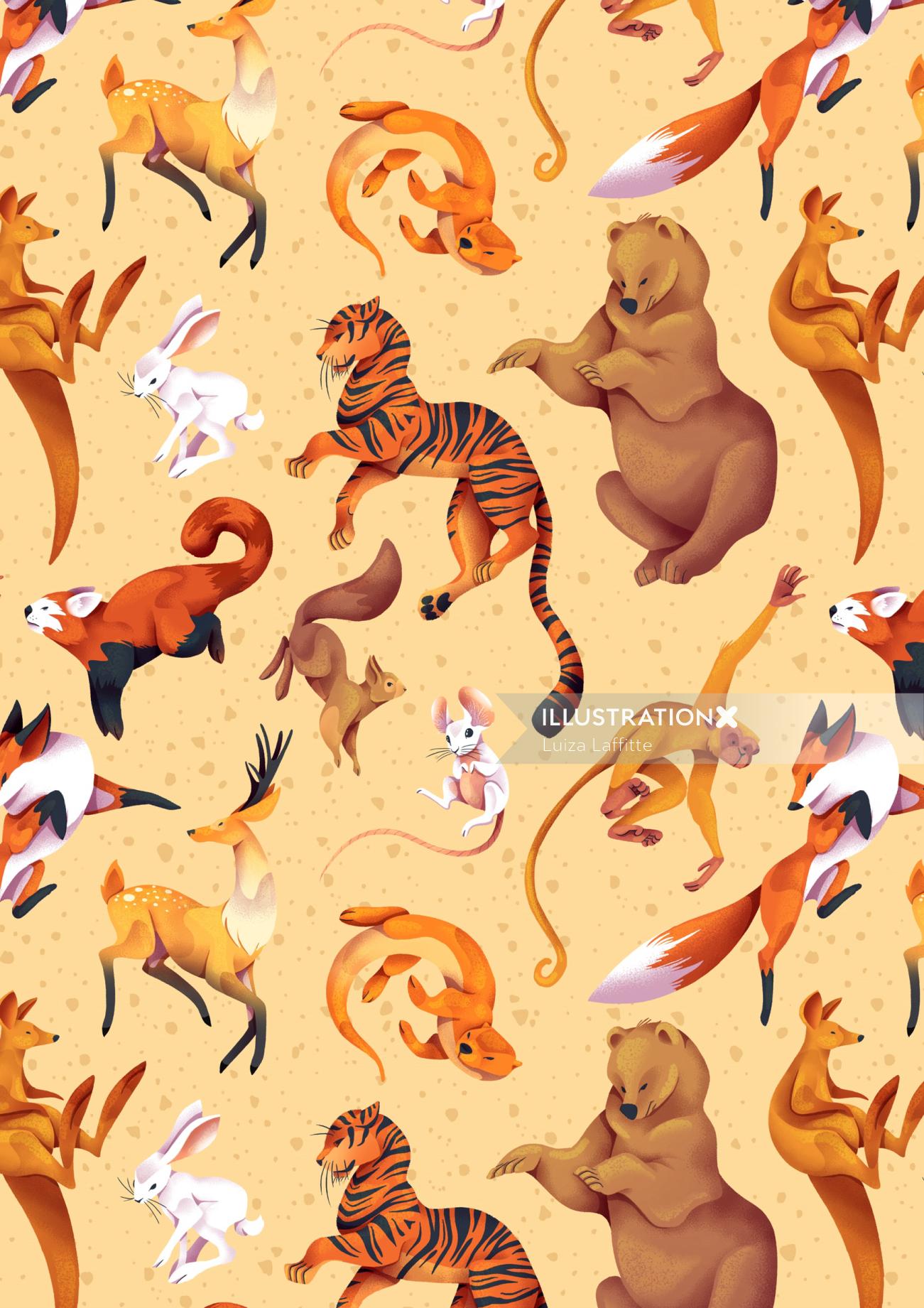 tiger, animals, bear, kangourou, rabbit, bunny, mouse, deer, monkey, pattern, fox, squirel