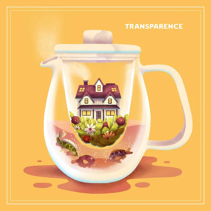 Transparent teapot containing a house with flowers by Luiza Laffitte