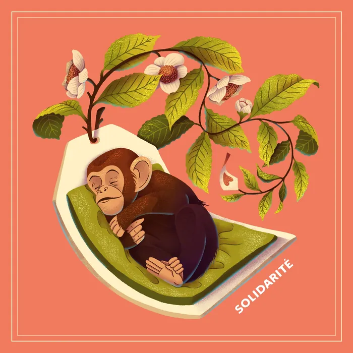 Sleeping monkey cuddled on leaf under blossoming branch by Luiza Laffitte