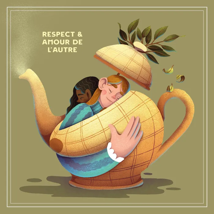 Illustration of two people hugging inside a teapot by Luiza Laffitte