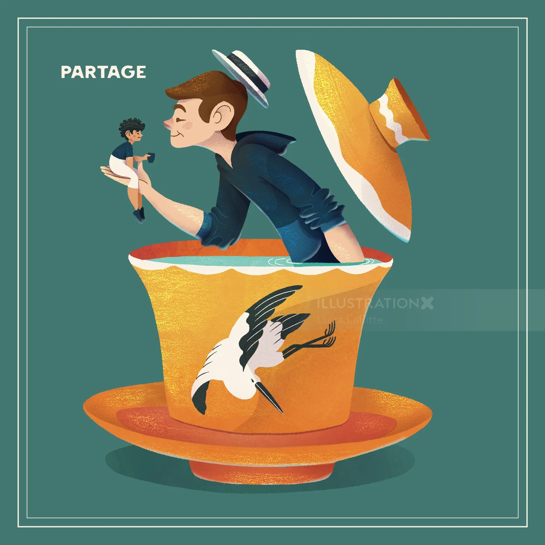 Surreal man emerging from tea cup with bird design by Luiza Laffitte