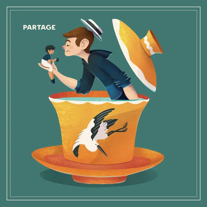 Surreal man emerging from tea cup with bird design by Luiza Laffitte