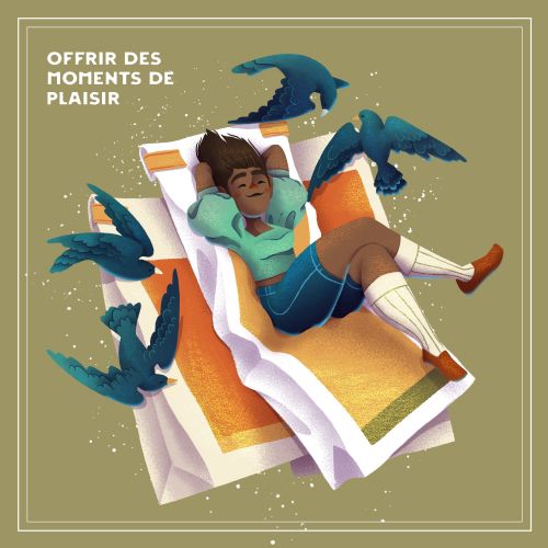 Person relaxing on lounge chair with blue birds flying around by Luiza Laffitte