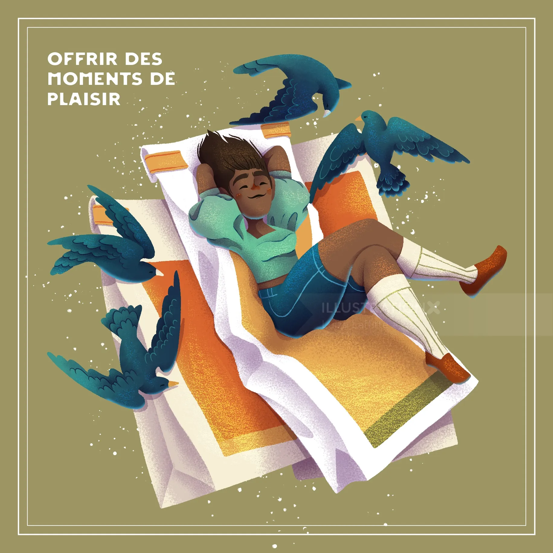 Person relaxing on lounge chair with blue birds flying around by Luiza Laffitte