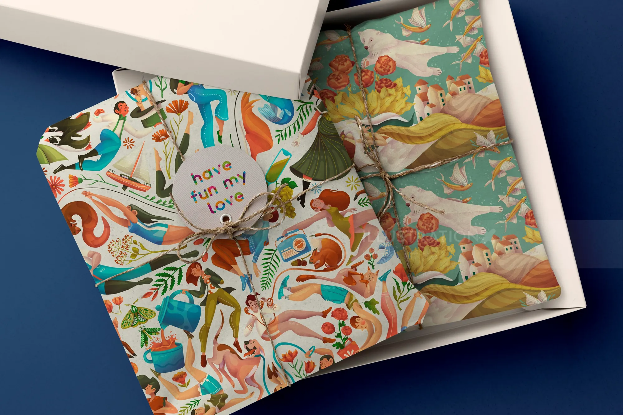 Decorative gift box with colorful illustrations and a 'have fun my love' message by Luiza Laffitte