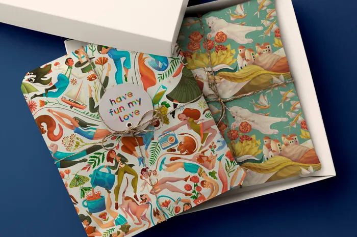 Decorative gift box with colorful illustrations and a 'have fun my love' message by Luiza Laffitte