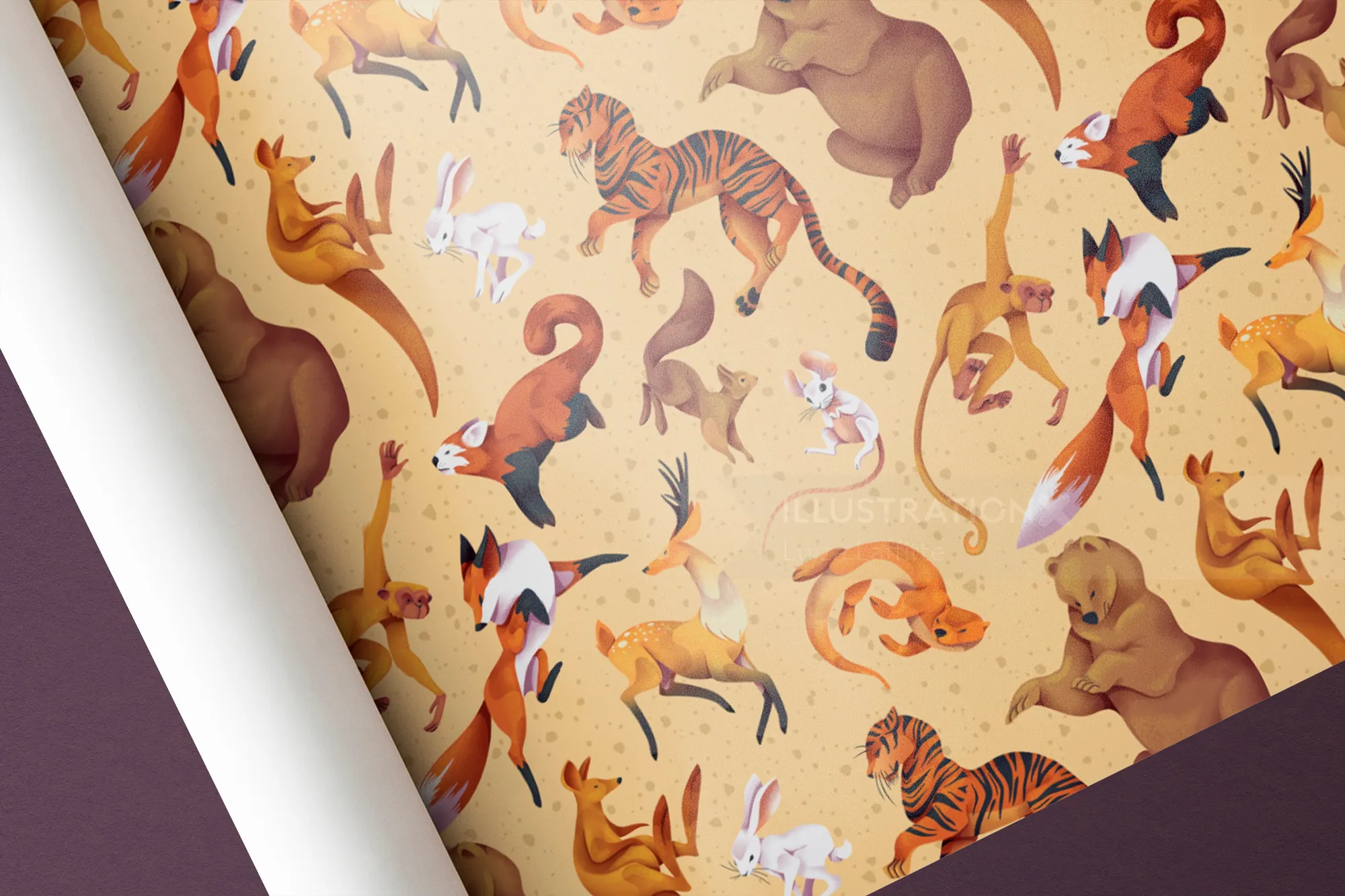 Seamless wildlife pattern with tigers, bears, foxes by Luiza Laffitte