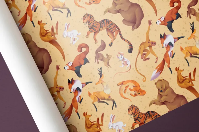 Seamless wildlife pattern with tigers, bears, foxes by Luiza Laffitte