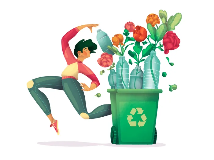 Person recycling plastic bottles into a green bin by Luiza Laffitte