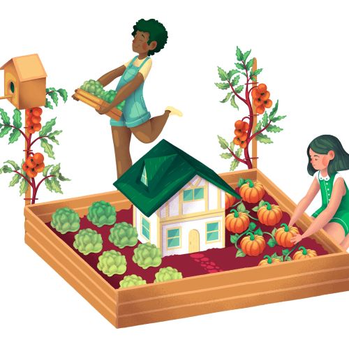 Two children gardening plants around a small house model by Luiza Laffitte