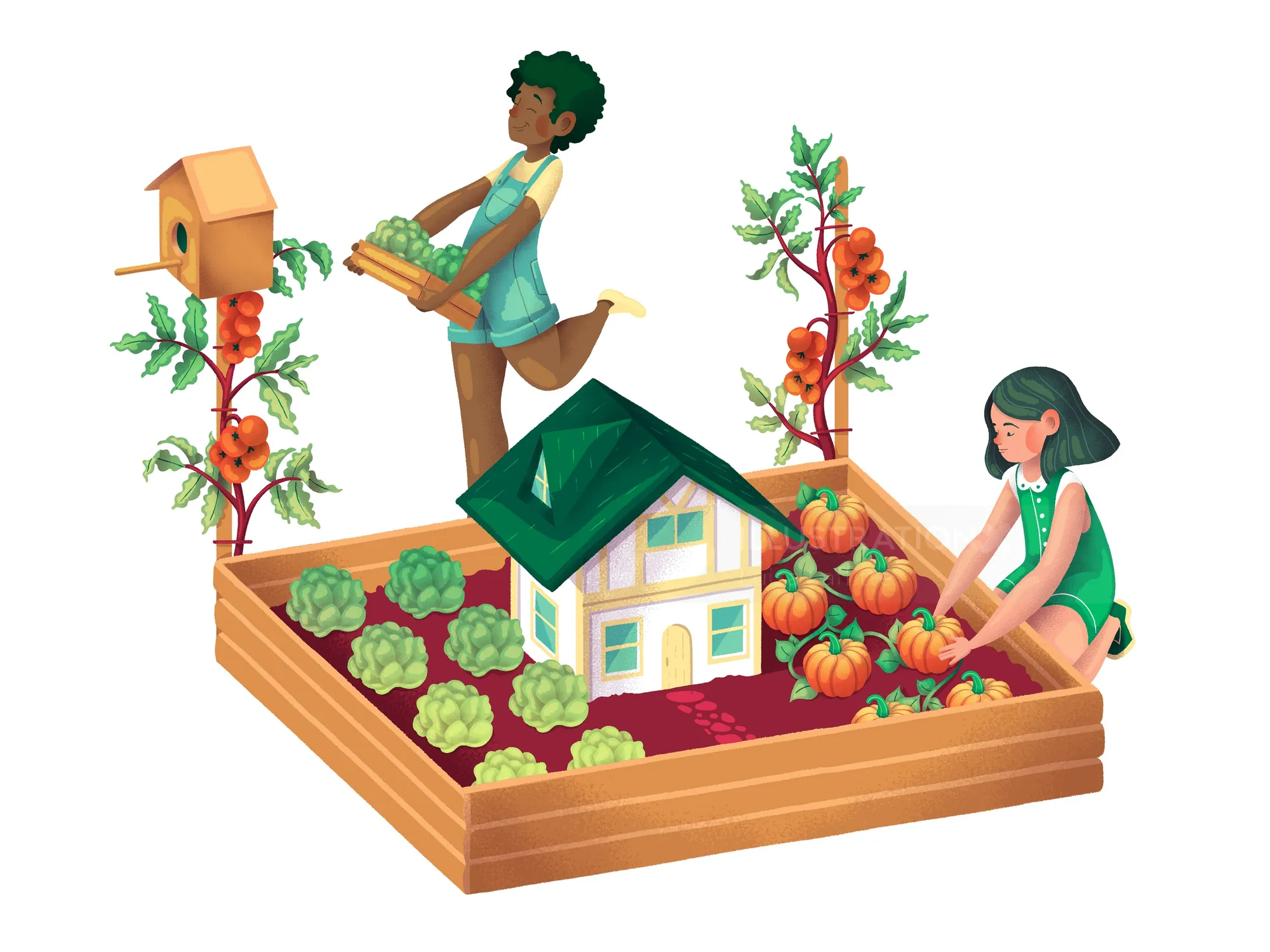 Two children gardening plants around a small house model by Luiza Laffitte