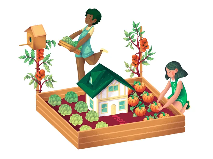 Two children gardening plants around a small house model by Luiza Laffitte