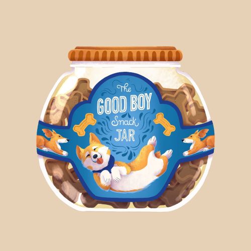 Snack jar with playful puppy and dog bone illustrations by Luiza Laffitte