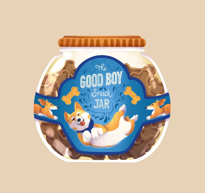 Snack jar with playful puppy and dog bone illustrations by Luiza Laffitte