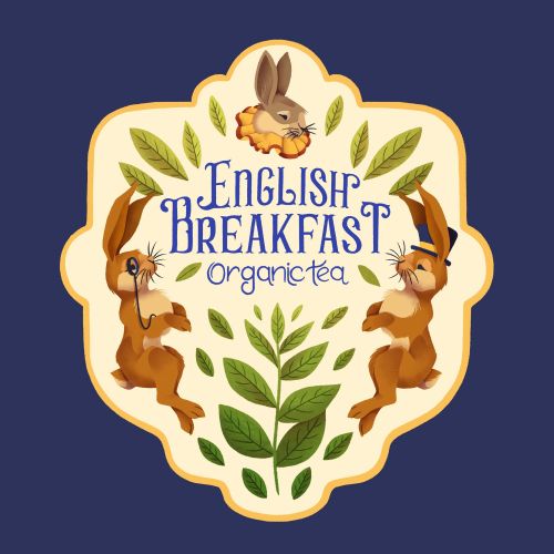 English Breakfast tea label with illustrated rabbits and leaves by Luiza Laffitte