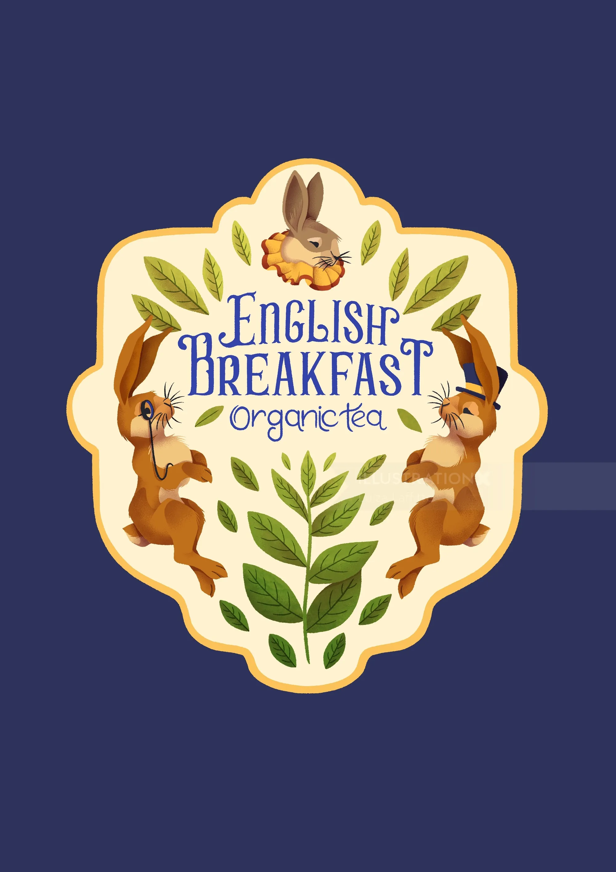 English Breakfast tea label with illustrated rabbits and leaves by Luiza Laffitte